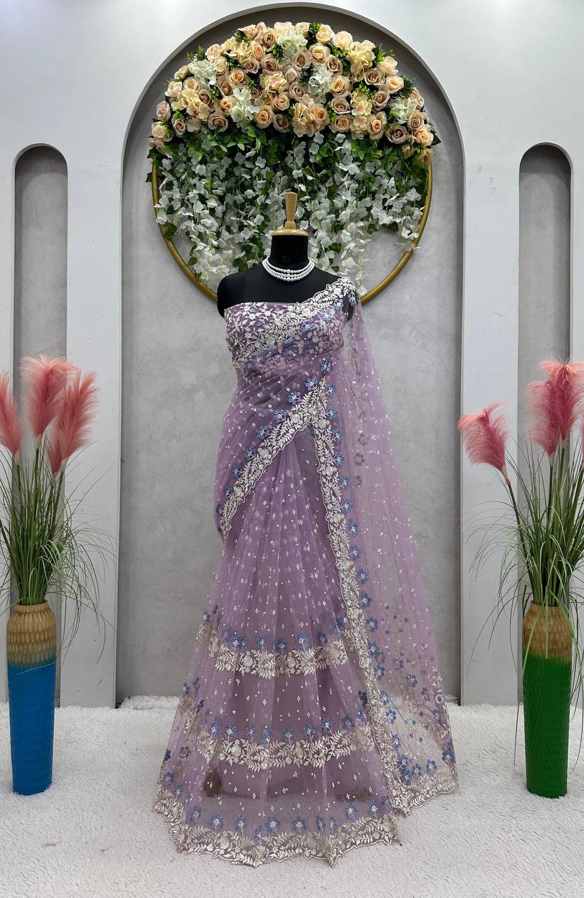 Party Wear Soft Net With Pearl Work Saree For Women