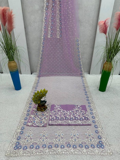 Party Wear Soft Net With Pearl Work Saree For Women