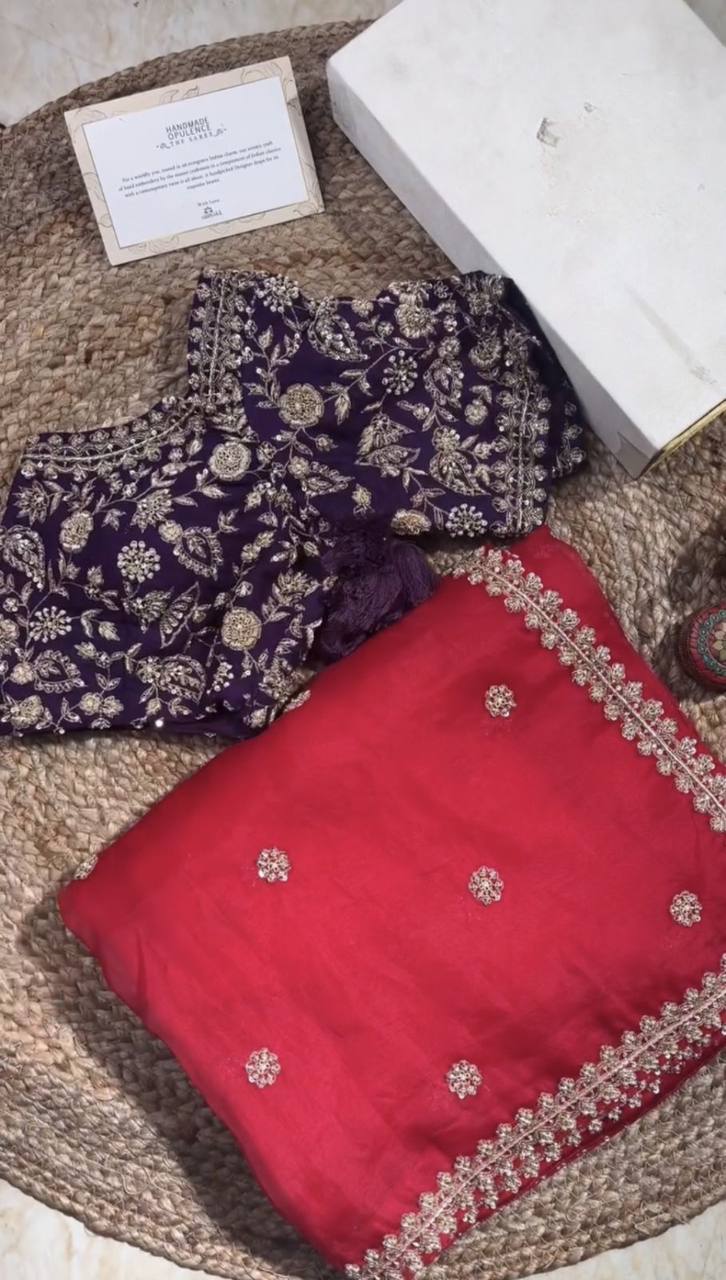 Fashionable Red Colour Heavy Organza Silk Fabric Thread And Sequence Work Saree