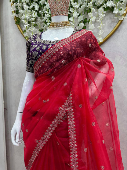 Fashionable Red Colour Heavy Organza Silk Fabric Thread And Sequence Work Saree