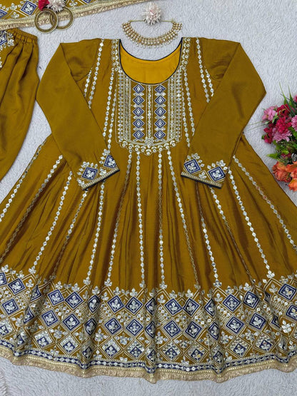 Attractive Mehndi Colour Chinon Silk Fabric Fully Stitched Suit Dhoti With Dupatta