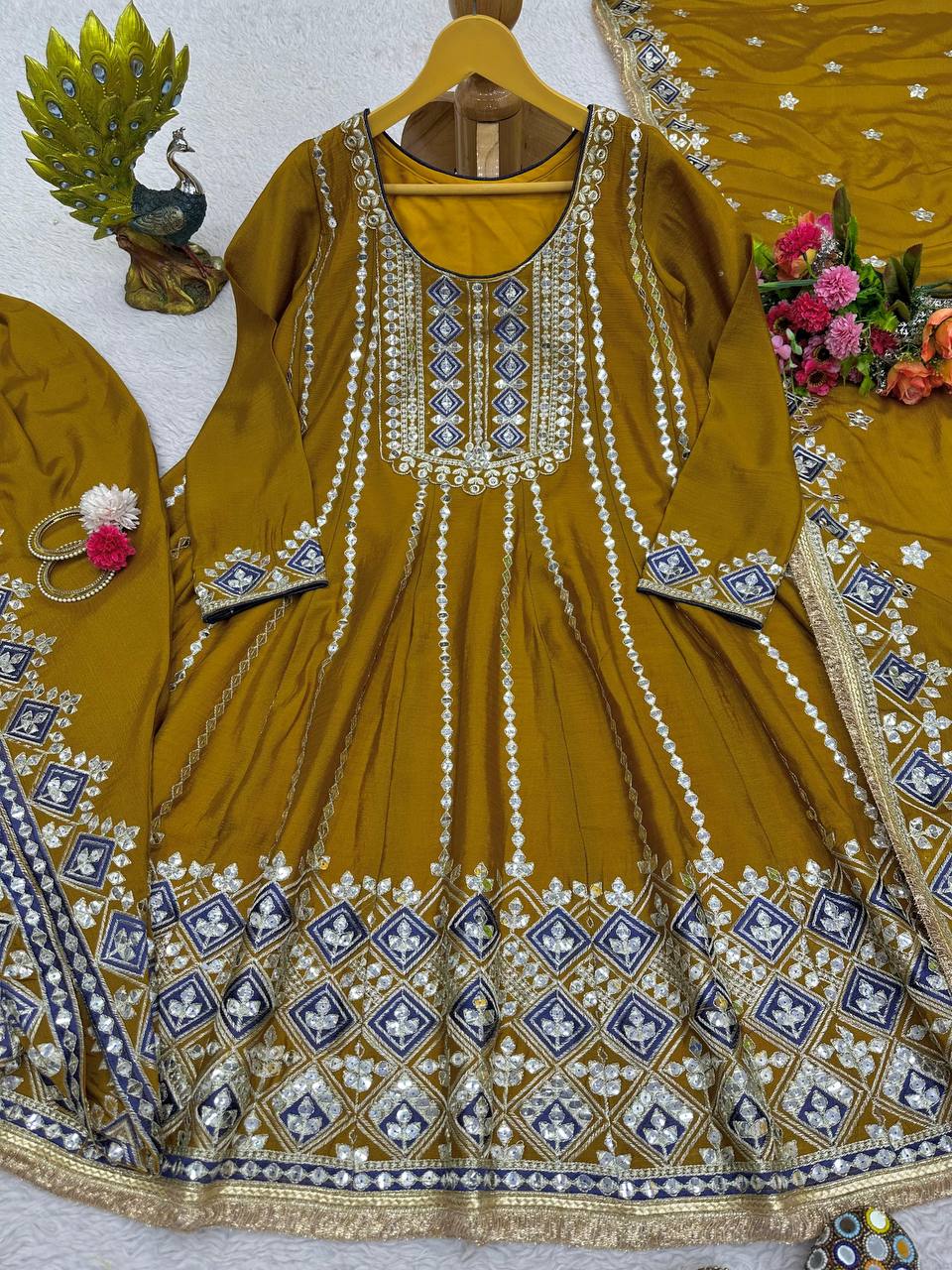 Attractive Mehndi Colour Chinon Silk Fabric Fully Stitched Suit Dhoti With Dupatta