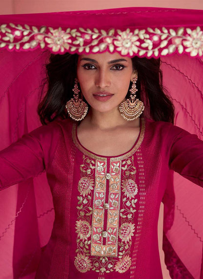 Beautiful Pink Colour Vichitra Silk Fabric Embroidery Work Fully Stitched Sharara Suit
