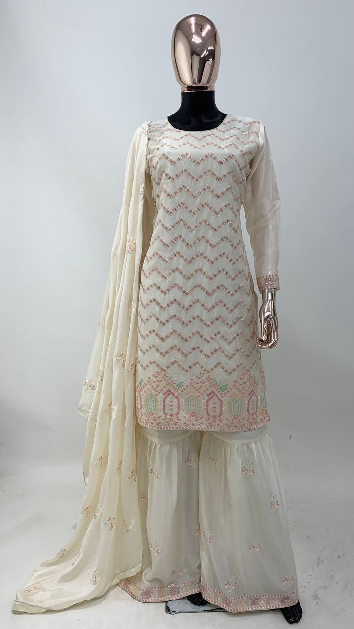 Designer White Colour Chinon Fabric Embroidery Work Fully Stitched Sharara Suit