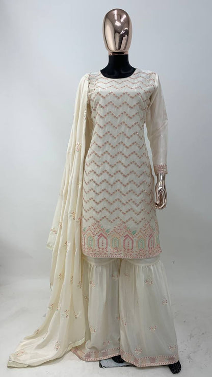Designer White Colour Chinon Fabric Embroidery Work Fully Stitched Sharara Suit
