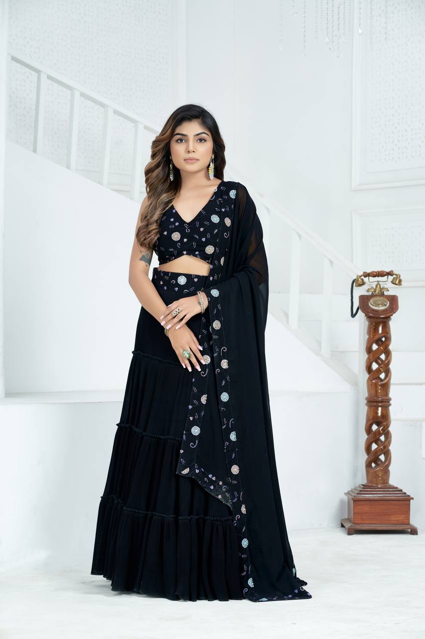 Amazing Black Colour Embroidery Sequence Design Work Lehenga Choli