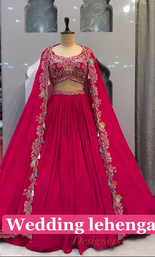 Designer Pink Colour Malai Silk Embroidery Design Work Legenga Choli