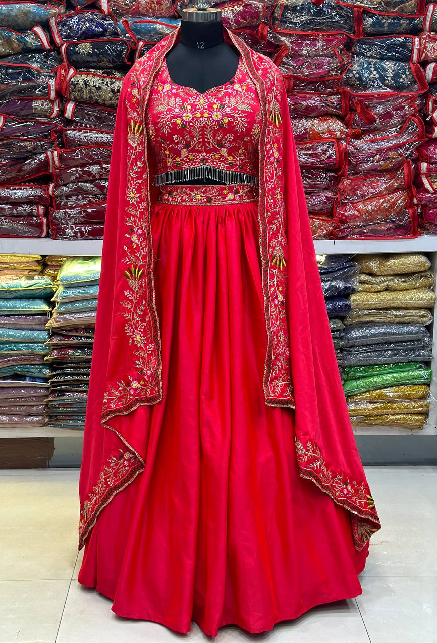 Designer Pink Colour Malai Silk Embroidery Design Work Legenga Choli