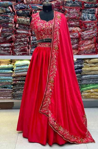 Designer Pink Colour Malai Silk Embroidery Design Work Legenga Choli