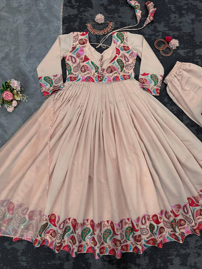 Designer Peach Colour Roman Silk Fabric Thread Work Anarkali Suit With Dupatta