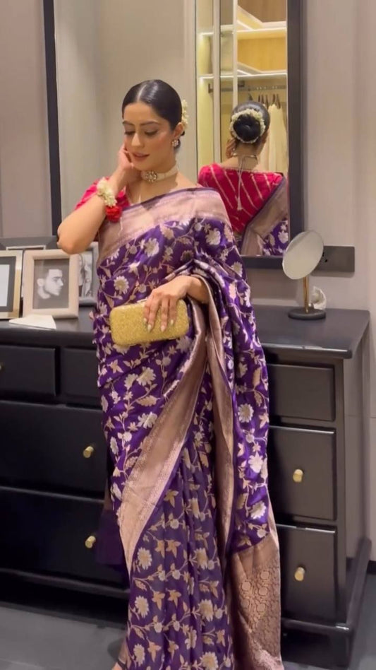 Purple Colour Jacquard Weaving Lichi Silk Wedding Wear Saree With Beautiful Zalar
