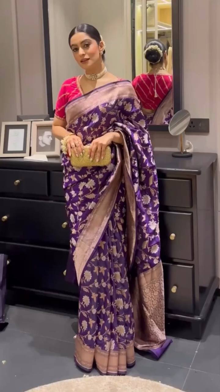 Purple Colour Jacquard Weaving Lichi Silk Wedding Wear Saree With Beautiful Zalar