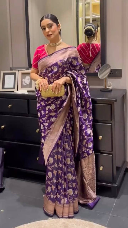 Purple Colour Jacquard Weaving Lichi Silk Wedding Wear Saree With Beautiful Zalar