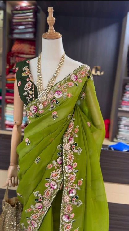 Designer Green Colour Jimmy Chhu Silk Sequences Work Saree
