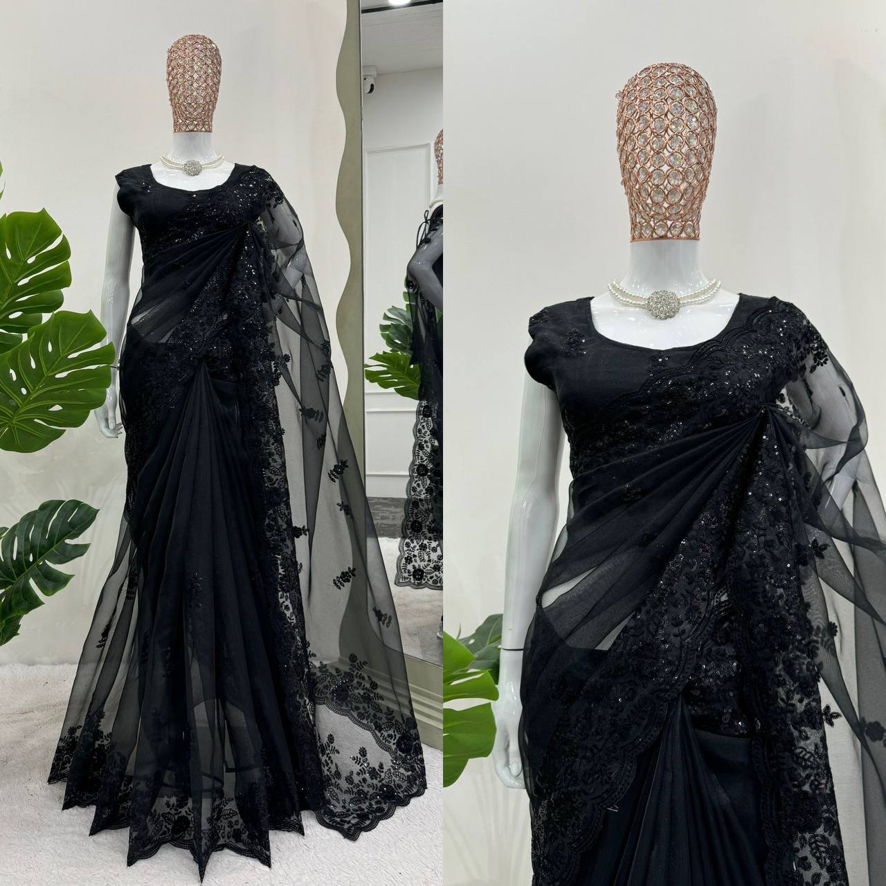 Demandig Organza Silk Fabric Thread Work Black Saree