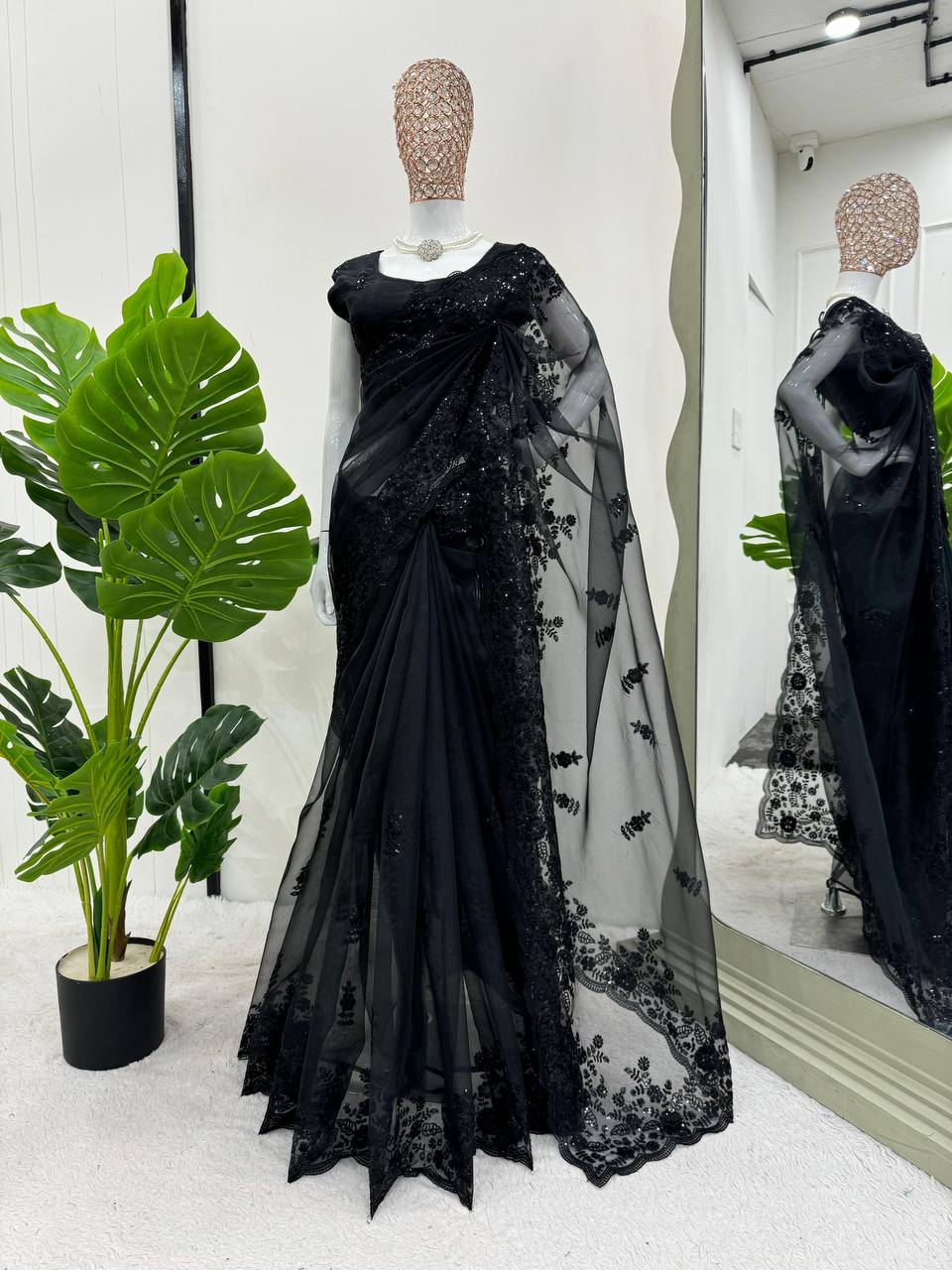 Demandig Organza Silk Fabric Thread Work Black Saree