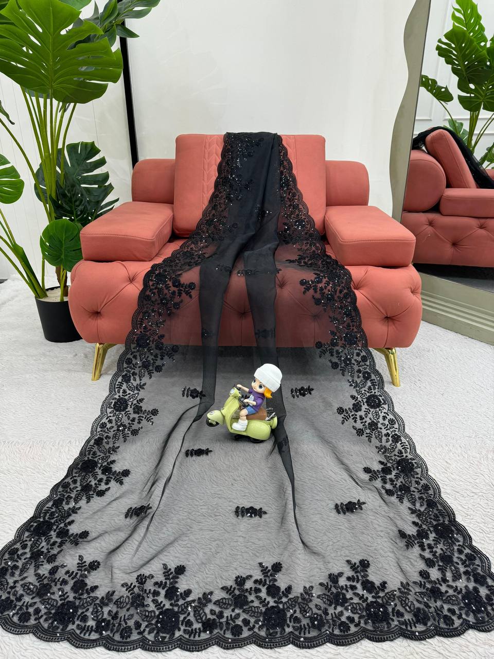 Demandig Organza Silk Fabric Thread Work Black Saree