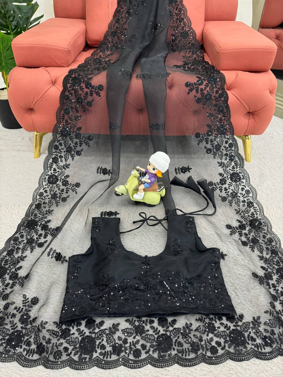 Demandig Organza Silk Fabric Thread Work Black Saree
