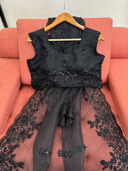 Demandig Organza Silk Fabric Thread Work Black Saree