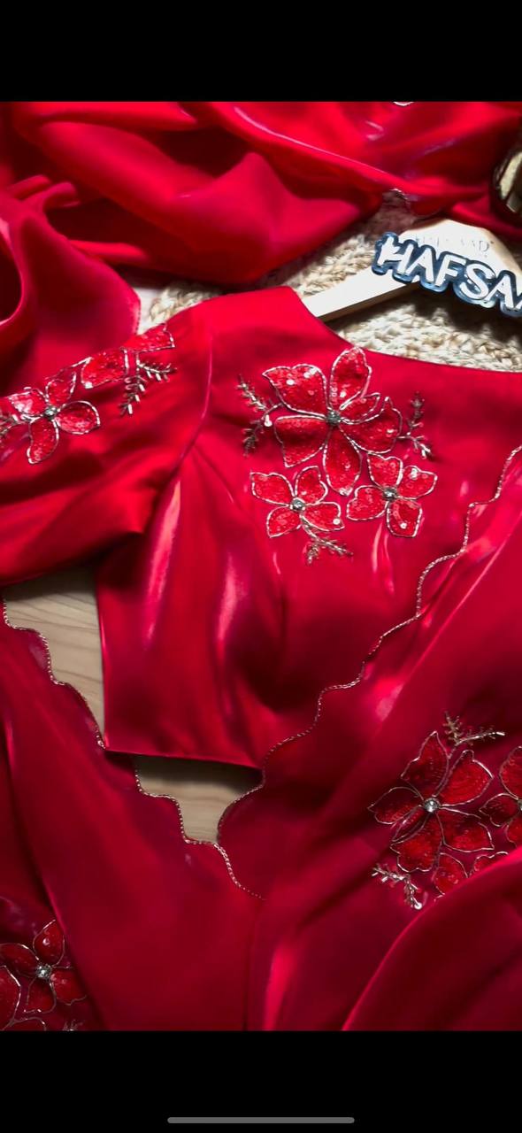 Red Colour Jimmy Chhu Silk Thread & Sequences Work Saree