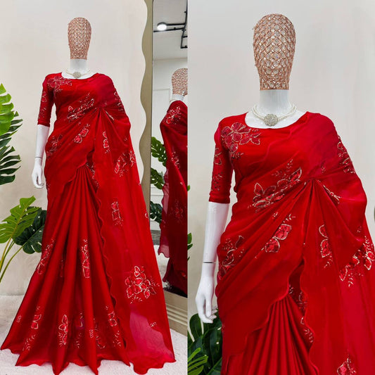 Red Colour Jimmy Chhu Silk Thread & Sequences Work Saree