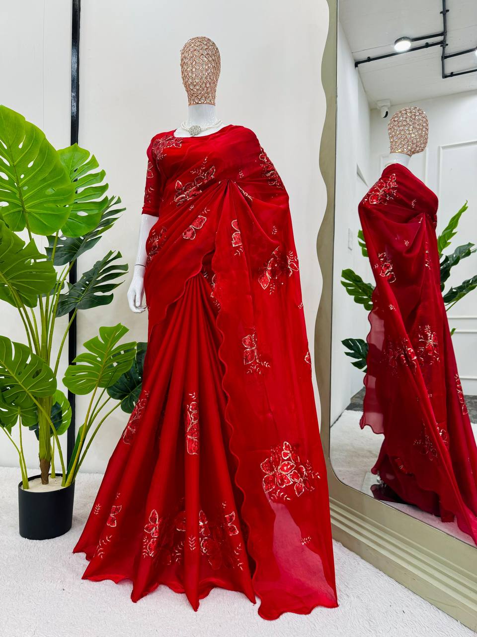 Red Colour Jimmy Chhu Silk Thread & Sequences Work Saree