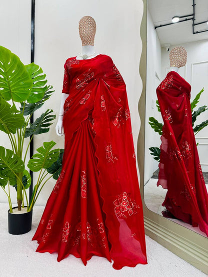 Red Colour Jimmy Chhu Silk Thread & Sequences Work Saree