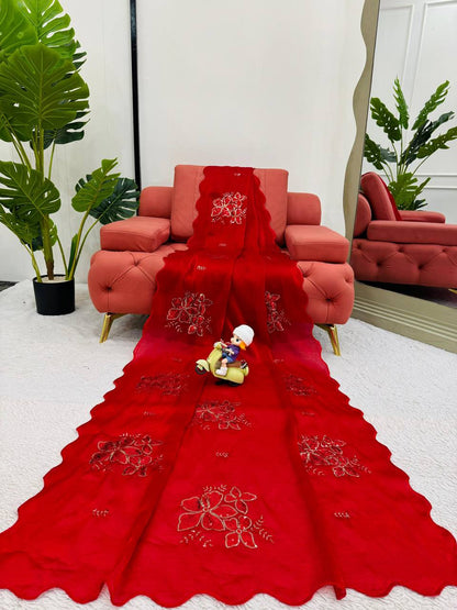 Red Colour Jimmy Chhu Silk Thread & Sequences Work Saree
