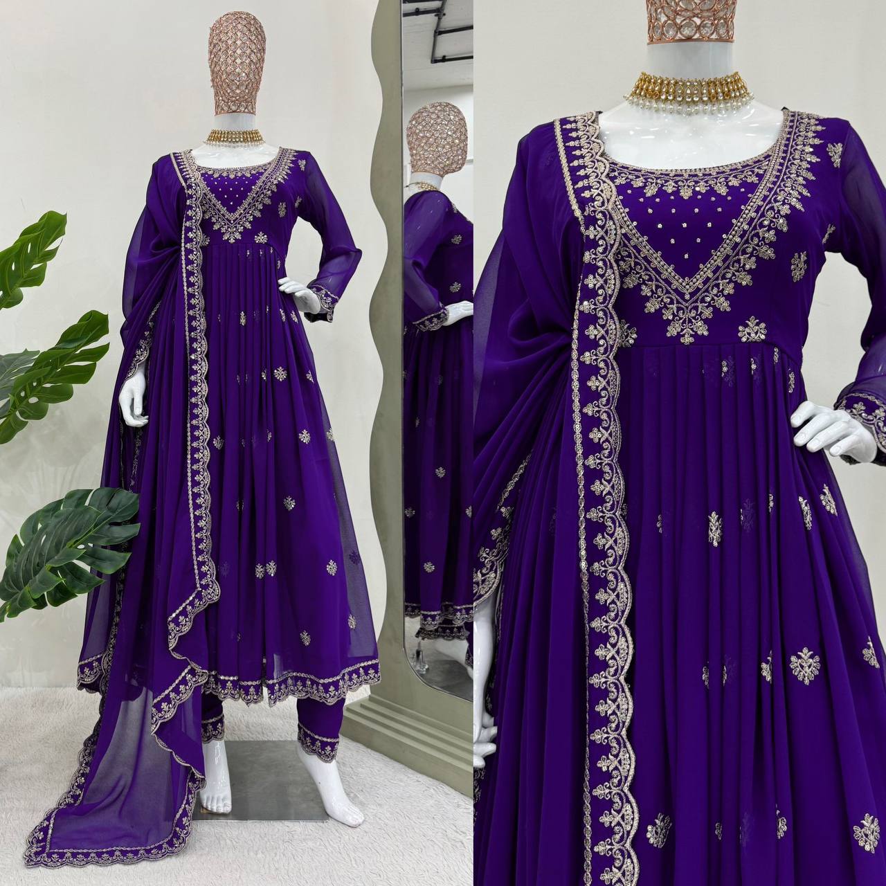 Designer Blue Colour Georgette Fabric Thread Work Salwar Suit With Dupatta