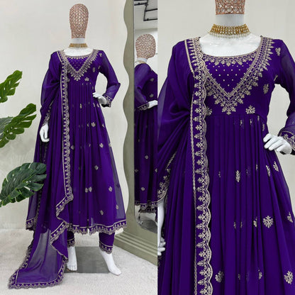 Designer Blue Colour Georgette Fabric Thread Work Salwar Suit With Dupatta