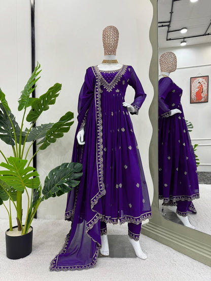 Designer Blue Colour Georgette Fabric Thread Work Salwar Suit With Dupatta