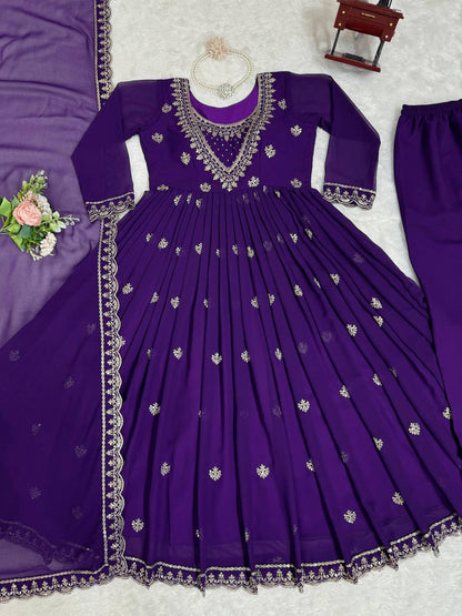 Designer Blue Colour Georgette Fabric Thread Work Salwar Suit With Dupatta