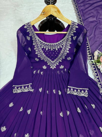 Designer Blue Colour Georgette Fabric Thread Work Salwar Suit With Dupatta
