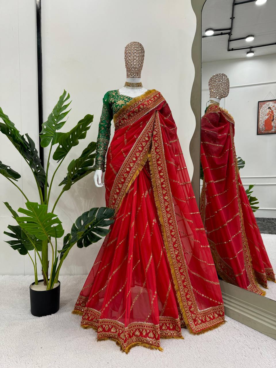 Wedding Wear Red Color Organza Silk Saree Blouse