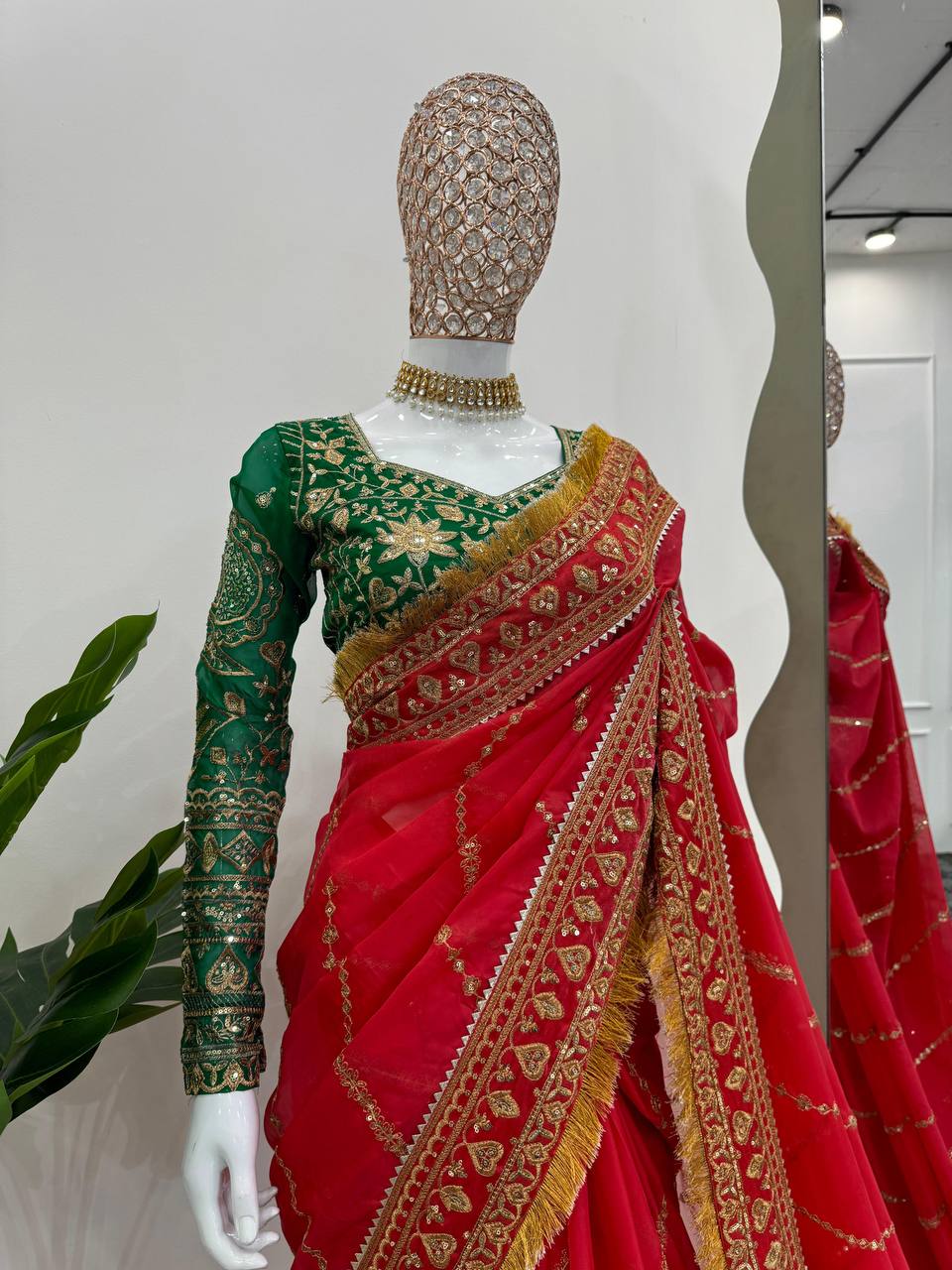 Wedding Wear Red Color Organza Silk Saree Blouse