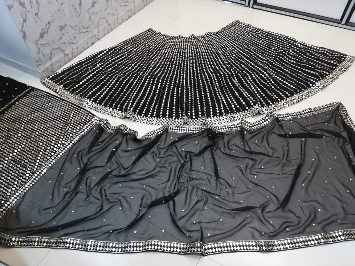 Black Organza Silk Pepar Mirror Worked Wedding Wear Lehenga Choli