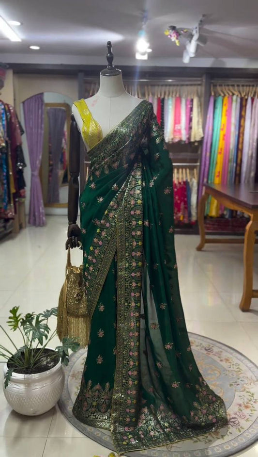 Attractive Green Colour Georgette Fabric Thread Work With Paiping Saree