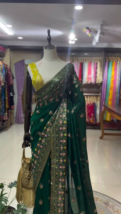 Attractive Green Colour Georgette Fabric Thread Work With Paiping Saree