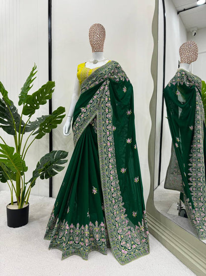 Attractive Green Colour Georgette Fabric Thread Work With Paiping Saree
