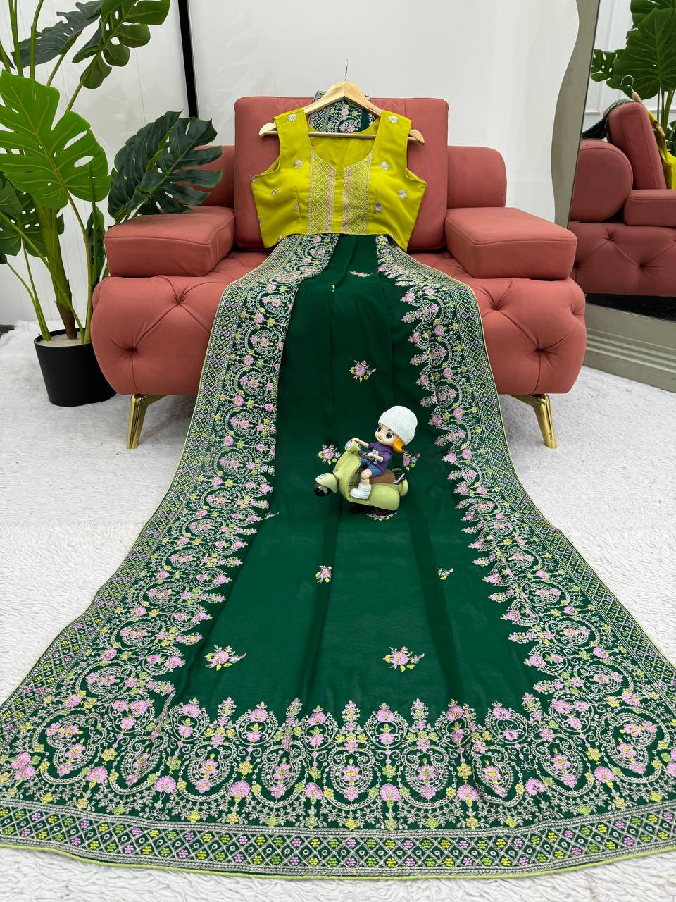 Attractive Green Colour Georgette Fabric Thread Work With Paiping Saree