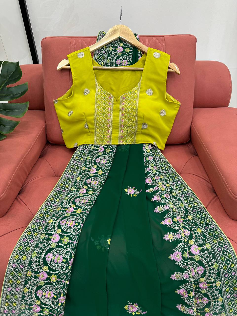 Attractive Green Colour Georgette Fabric Thread Work With Paiping Saree