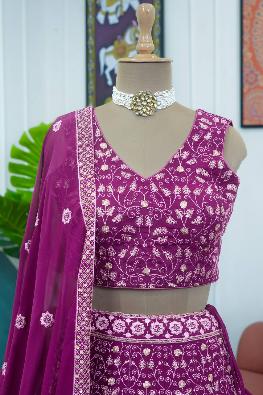 Wedding Wear Georgette Fabric Thread Work Lehenga Choli With Dupatta