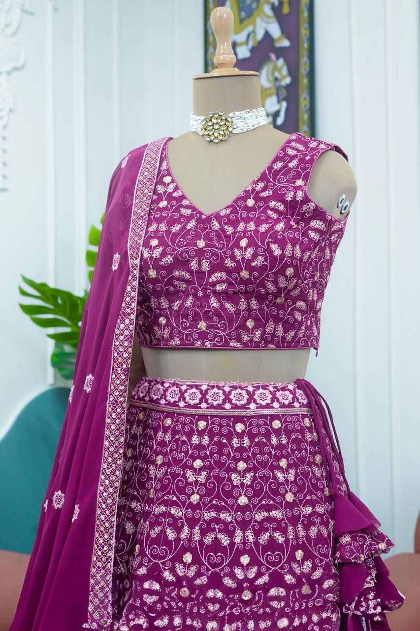 Wedding Wear Georgette Fabric Thread Work Lehenga Choli With Dupatta