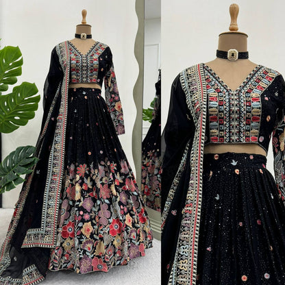 Gorgeous Black Colour Georgette Fabric Thread Work Wedding Wear Lehenga Choli