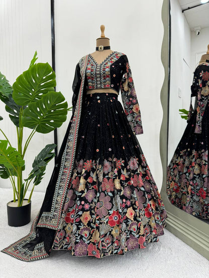 Gorgeous Black Colour Georgette Fabric Thread Work Wedding Wear Lehenga Choli