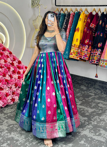 Onam Special Multi Colour Dola Silk Fabric Fully Stitched Gown