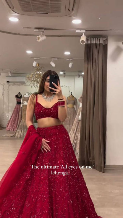 Party Wear Red Colour Chinon Silk Fabric Sequence Work Lehenga Choli