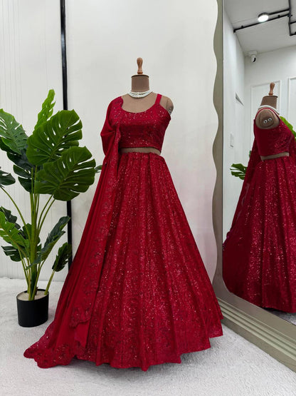 Party Wear Red Colour Chinon Silk Fabric Sequence Work Lehenga Choli