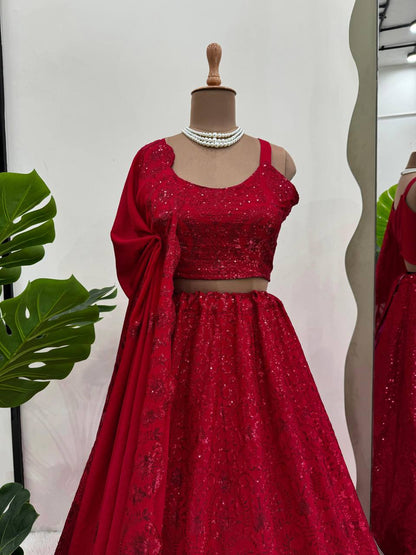 Party Wear Red Colour Chinon Silk Fabric Sequence Work Lehenga Choli