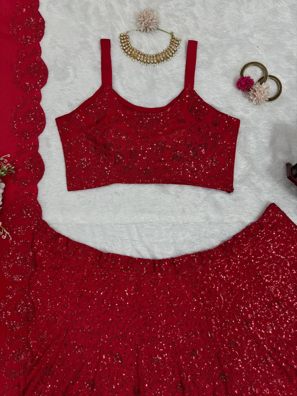 Party Wear Red Colour Chinon Silk Fabric Sequence Work Lehenga Choli